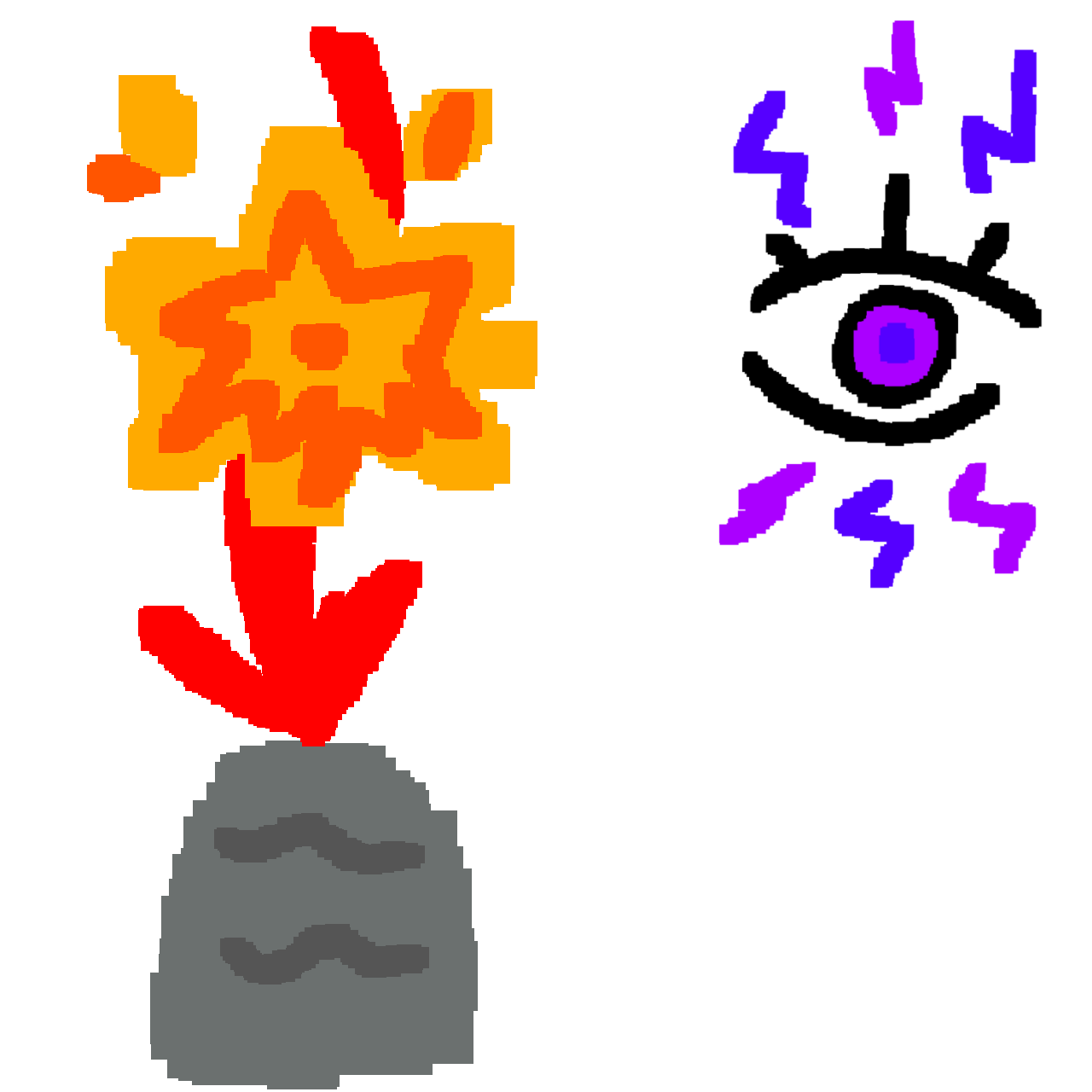 a red arrow with an explosion on top pointing towards a gravestone. Next to it is an eyeball with purple lighting bolts coming out of it,  representing epilepsy 